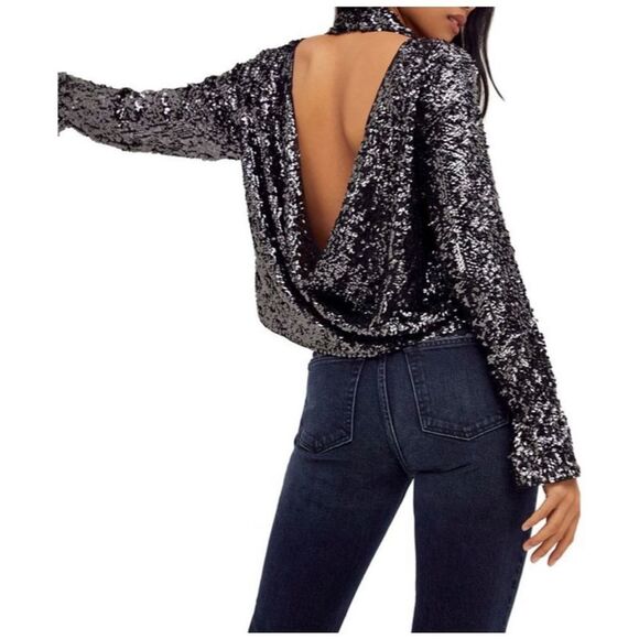 Free People Open Back Black Sequin Mockneck Lined Shirt Top Bell Sleeve XS NWT - Picture 4 of 11